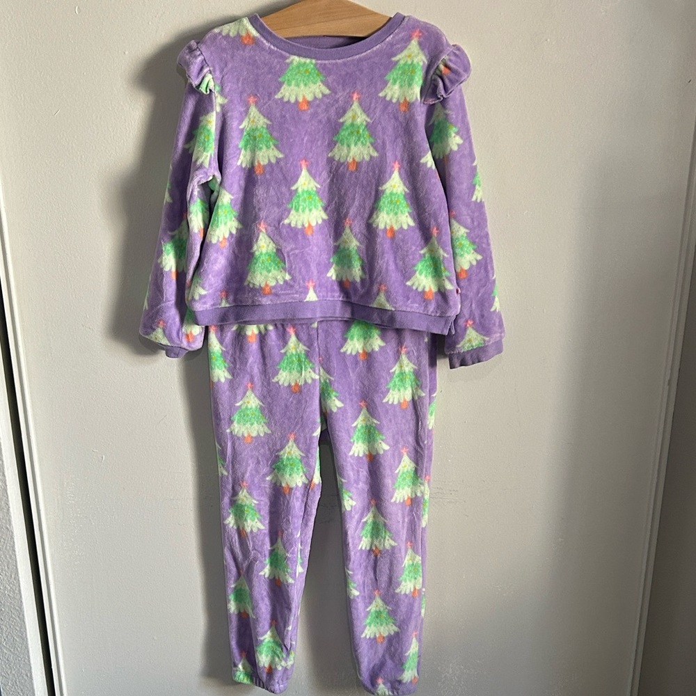 Ruffle Butts Cotton Blend Plush Cozy Purple Christmas Tree Kids 2 Piece Pajamas